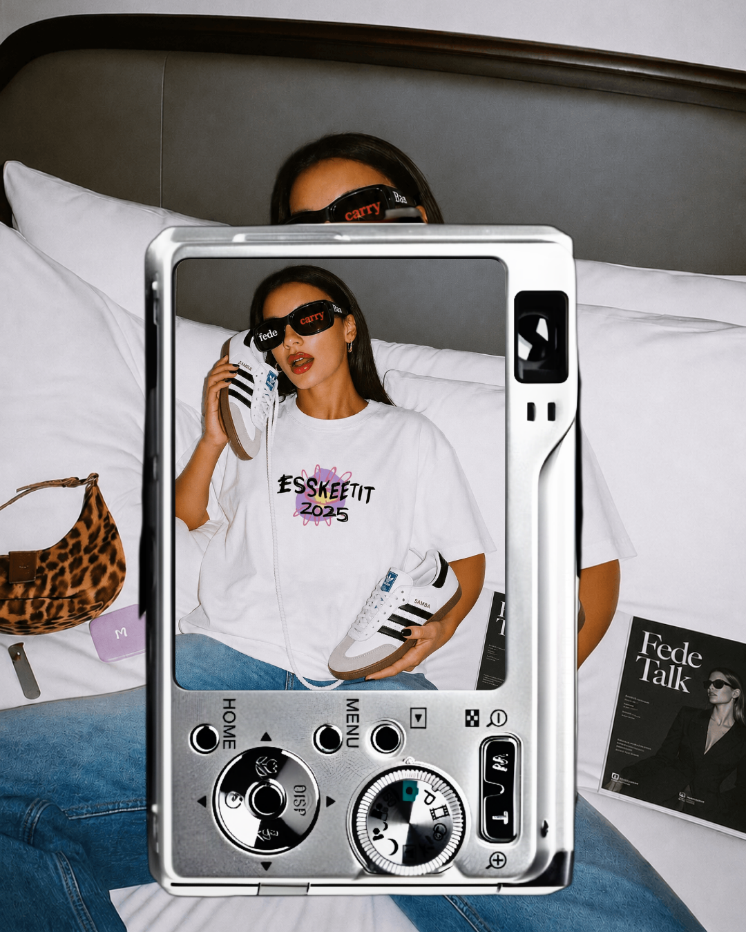 A lady holding a pair of adidas sambas in white. One on the left and one on the right hand used as phones. She is wearing black shades sitting besides a magazine written "Fede Talk"