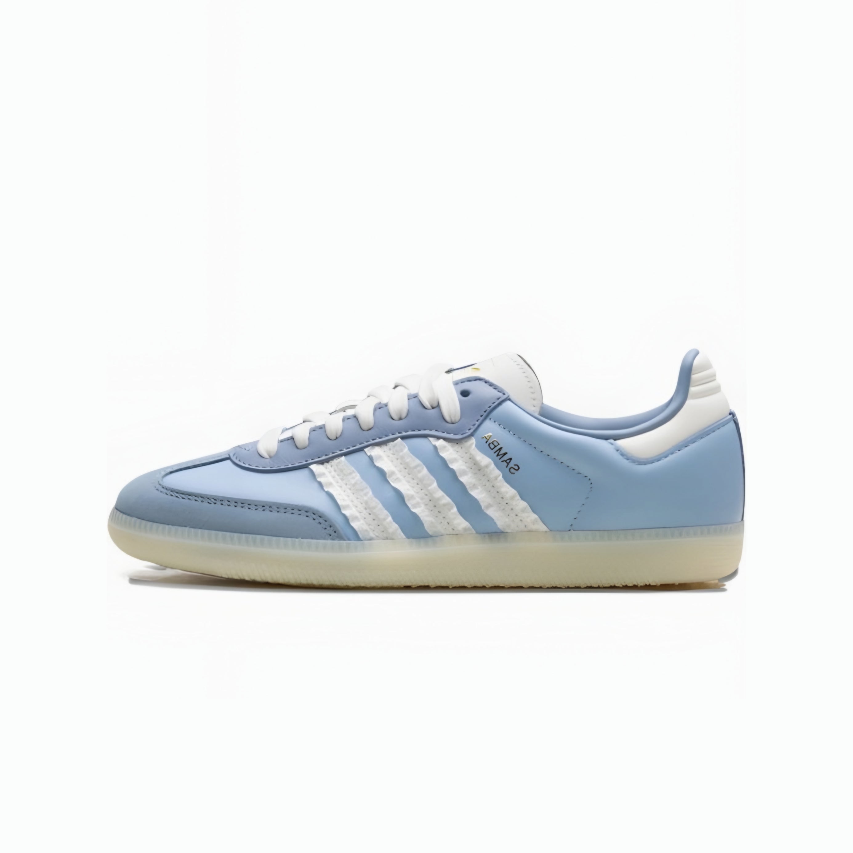 A light blue Adidas Samba sneaker with white three-stripes, white laces, and a white heel tab, set against a plain white background.