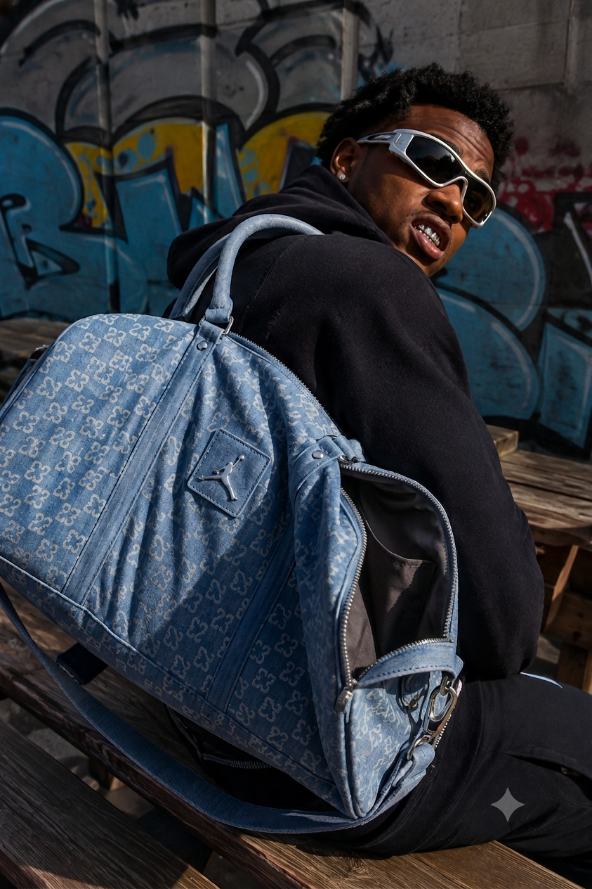 A man wearing white sunglasses and a black hoodie sits on a wooden bench, looking back over his shoulder while wearing a light blue Jordan monogram duffel bag with a zippered compartment.