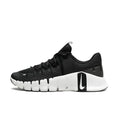 Black running shoe with white sole on a light gray background