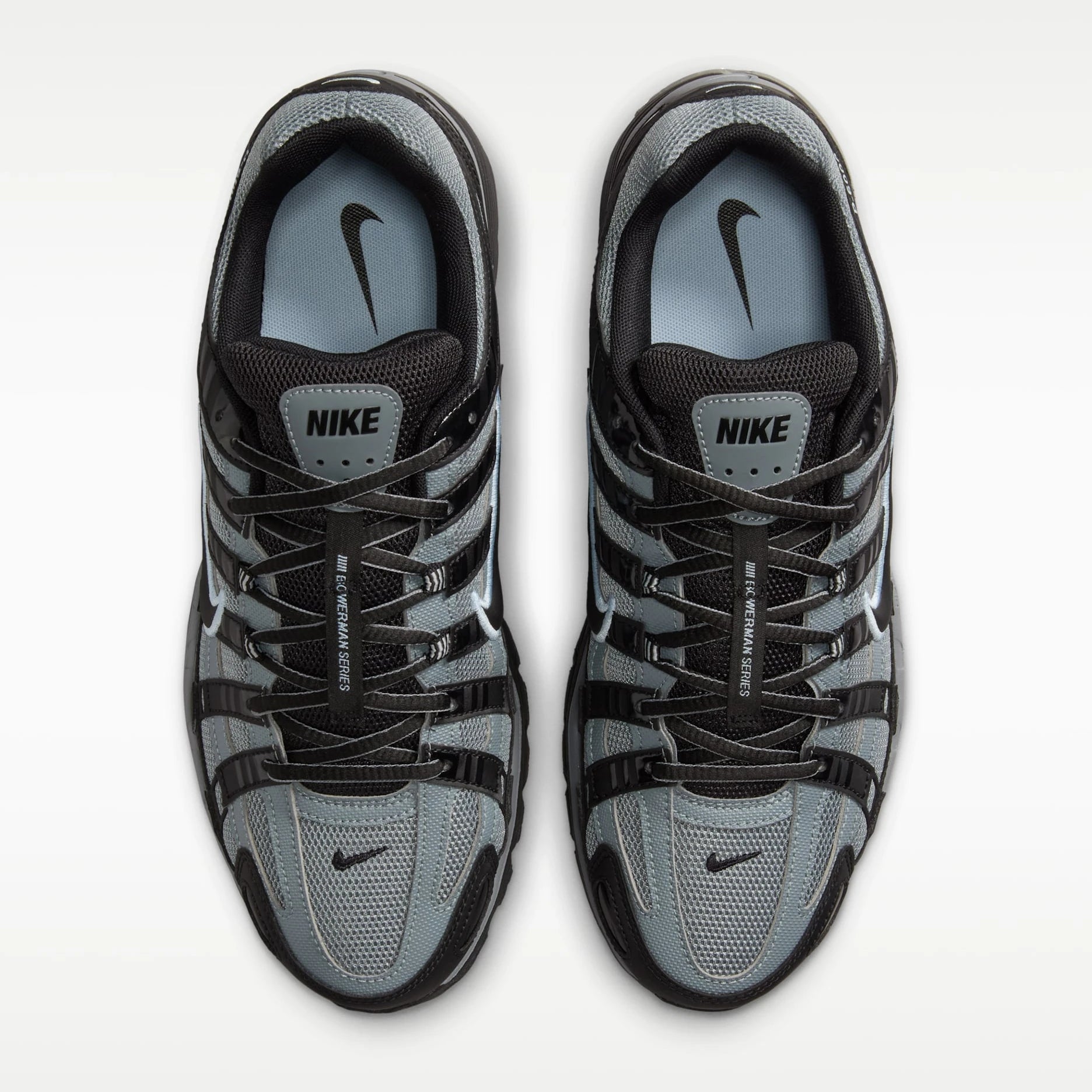 Pair of black and gray Nike P6000 sneakers on a white background