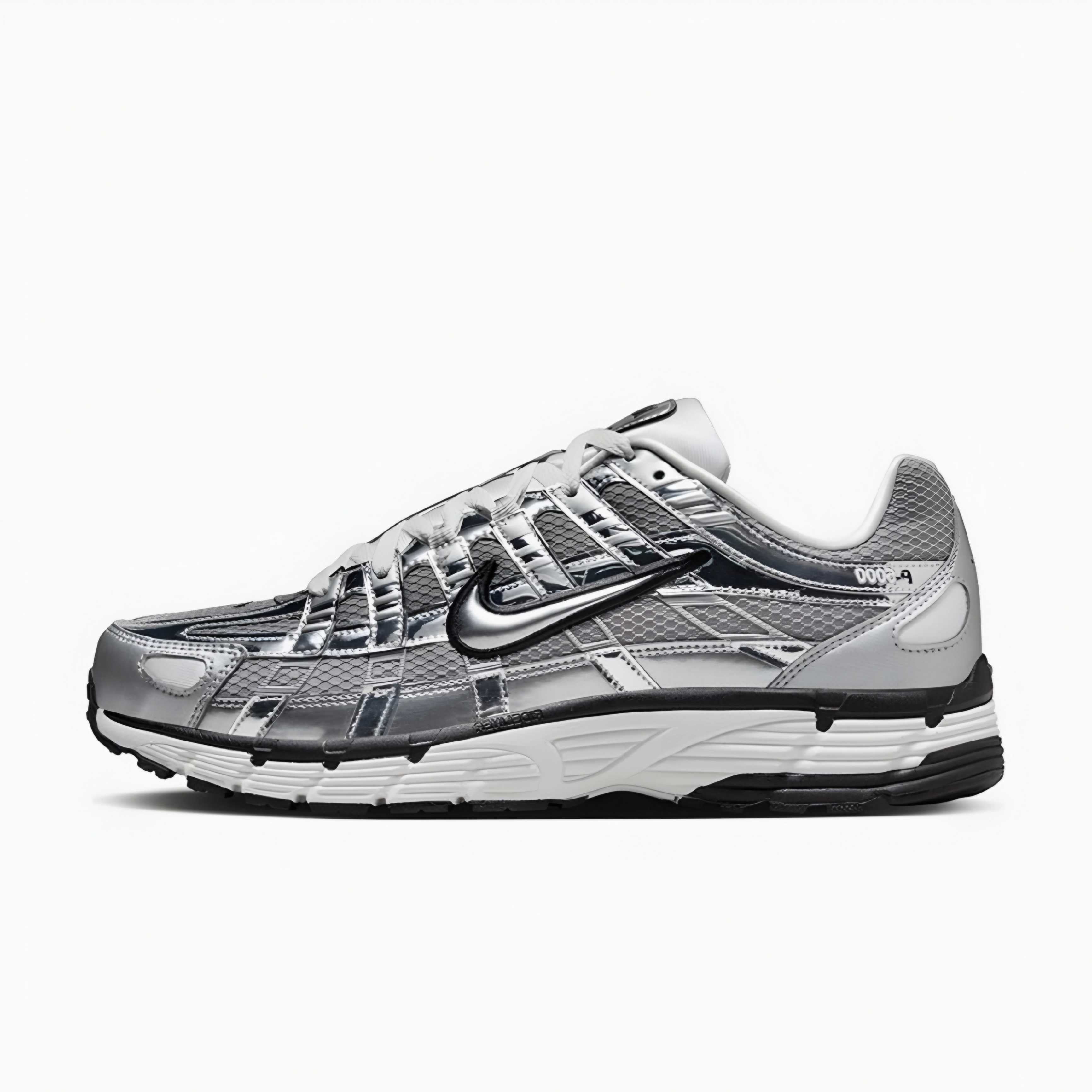 Womens nike p6000 metallic silver sneakers side view image.