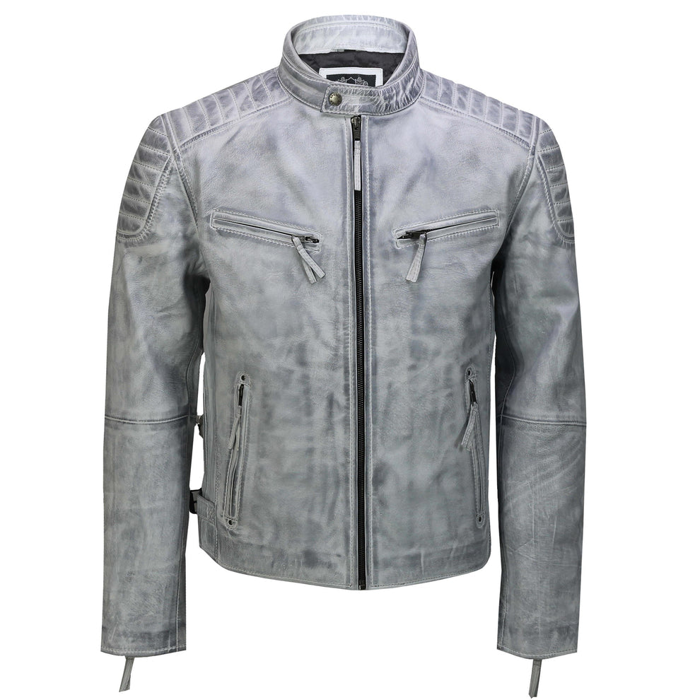Antique Wash Vintage Leather Biker Jacket 'Grey/White'