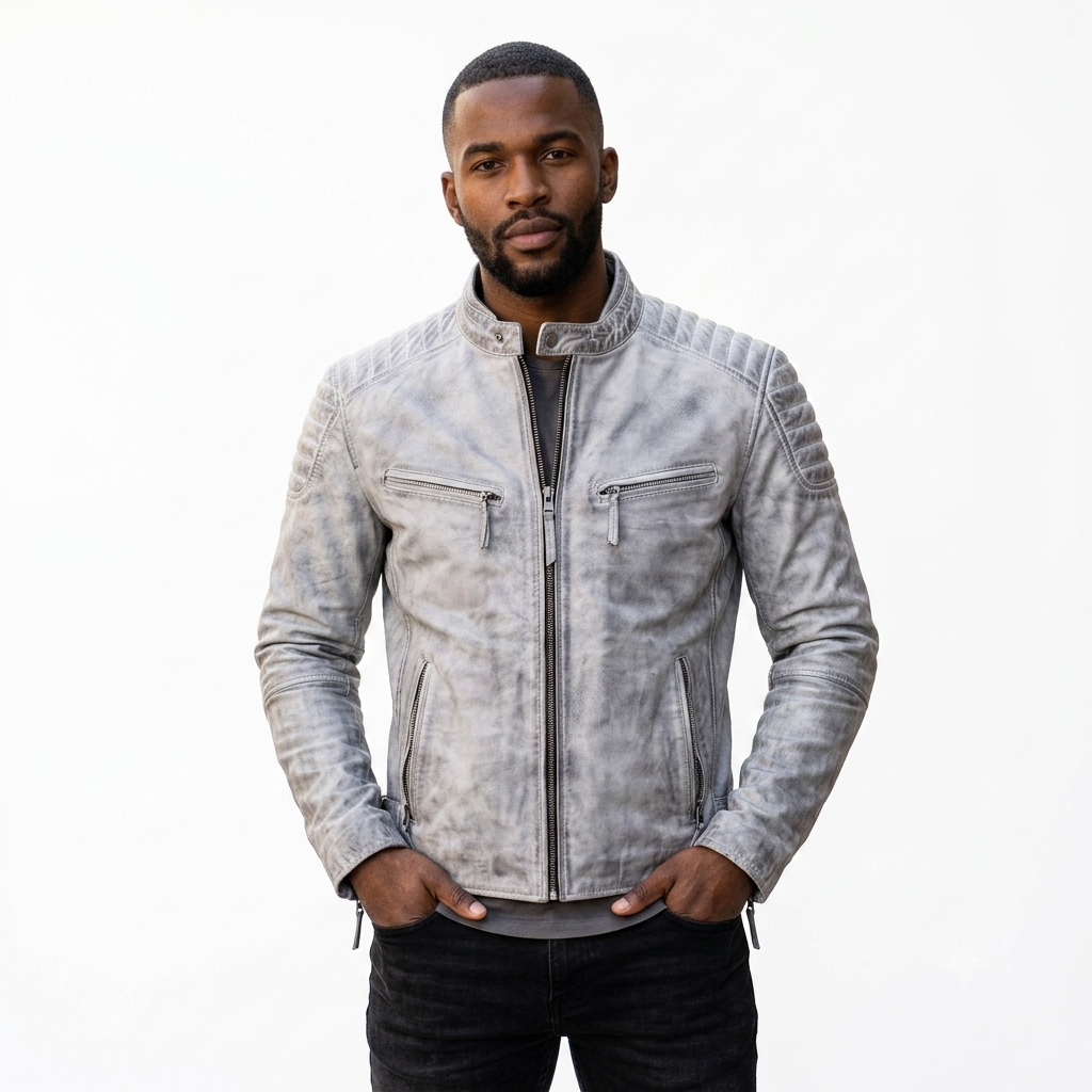 Antique Wash Vintage Leather Biker Jacket 'Grey/White'