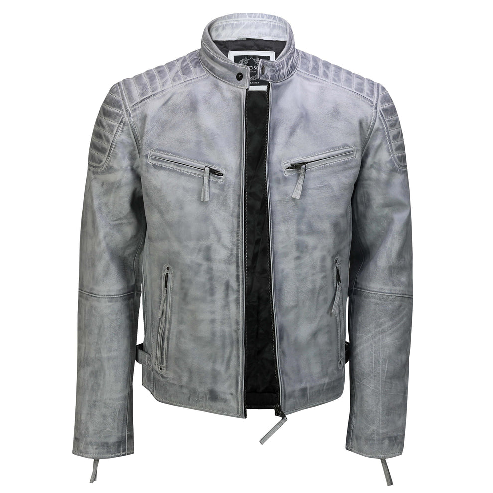 Antique Wash Vintage Leather Biker Jacket 'Grey/White'